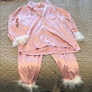 Pink Satin Pajama Set with Feather Trim
